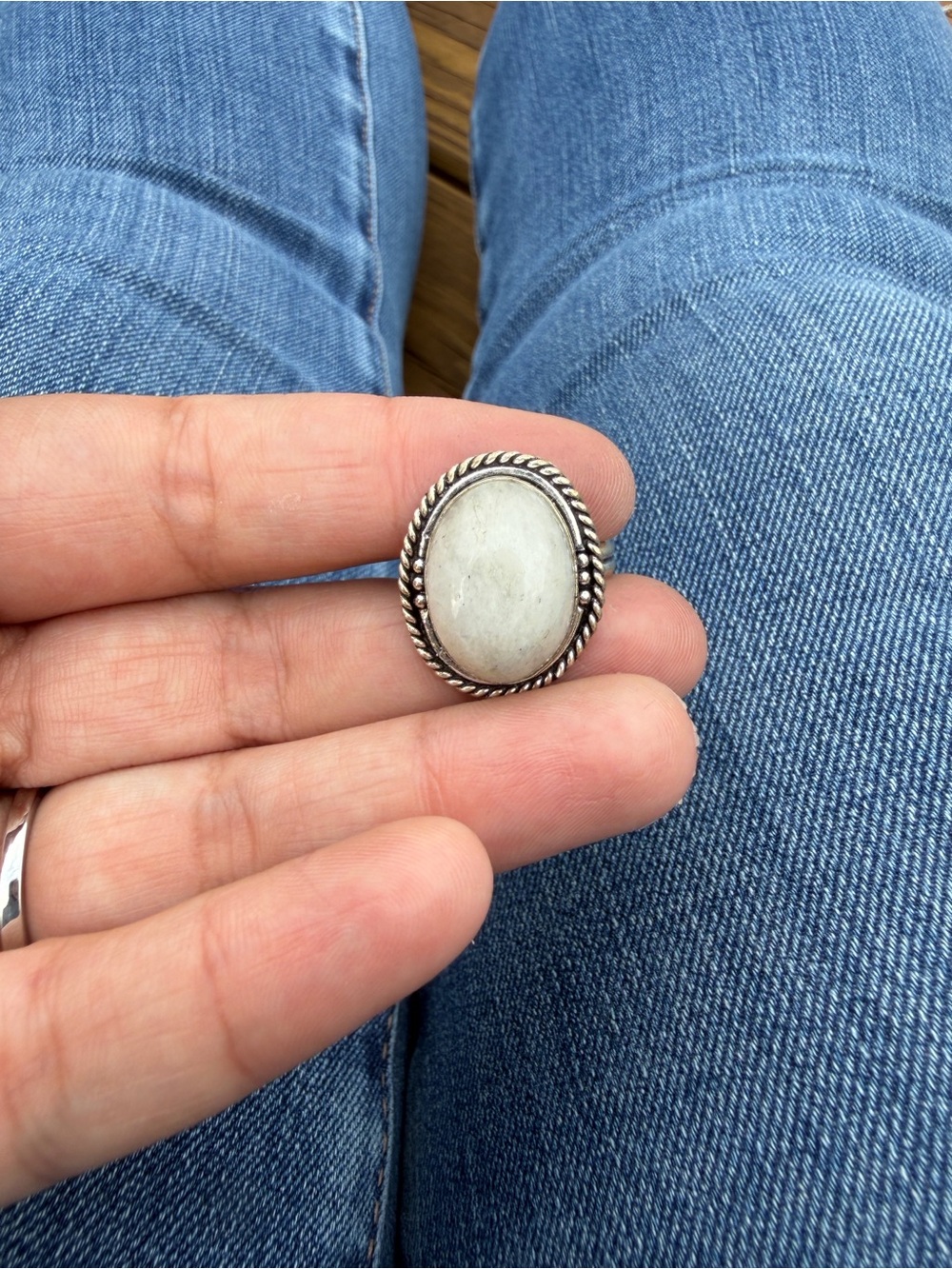 Sterling Silver Oval White Stone Ring - Women Jewelry